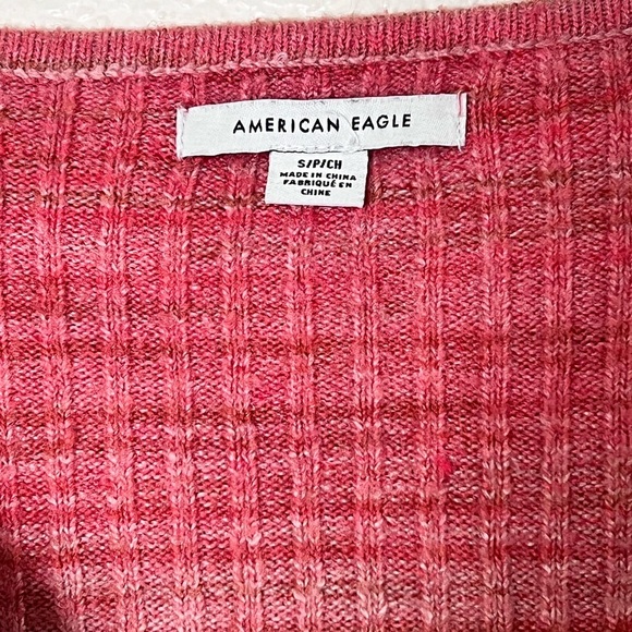 American Eagle | Pink wrap front striped knit v-neck fitted sweater size… - Picture 3 of 11